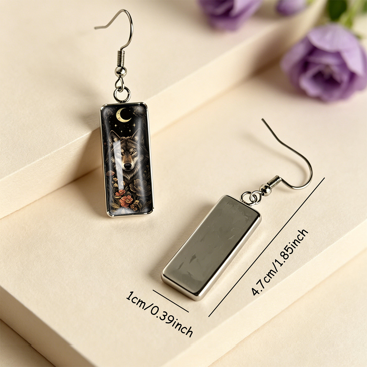 Crescent Moon & Wolf Vintage Flowers Earrings, Mystical Design